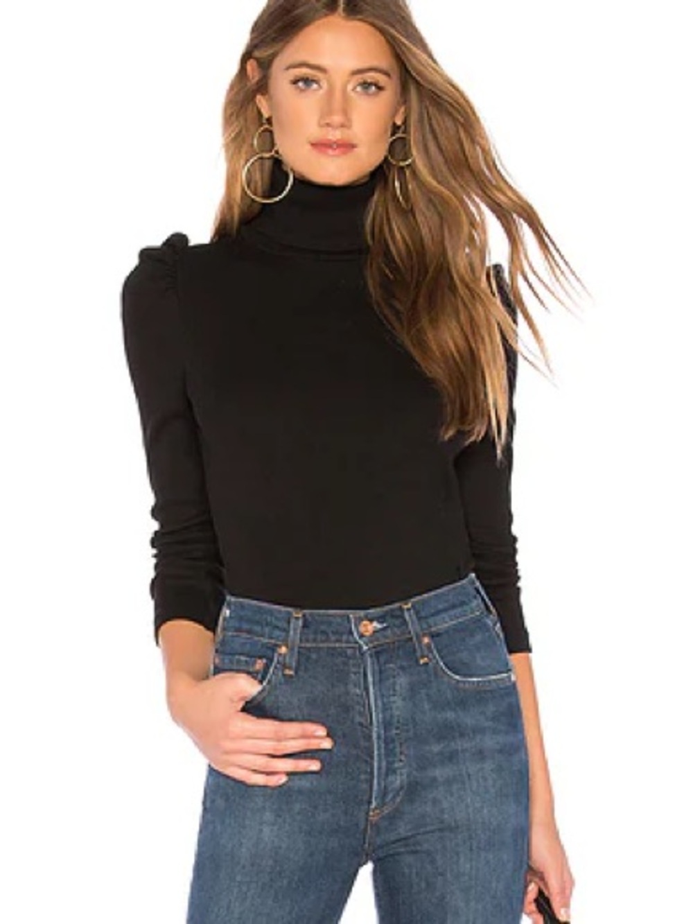 AMO Black Turtleneck Puff Shoulder Top